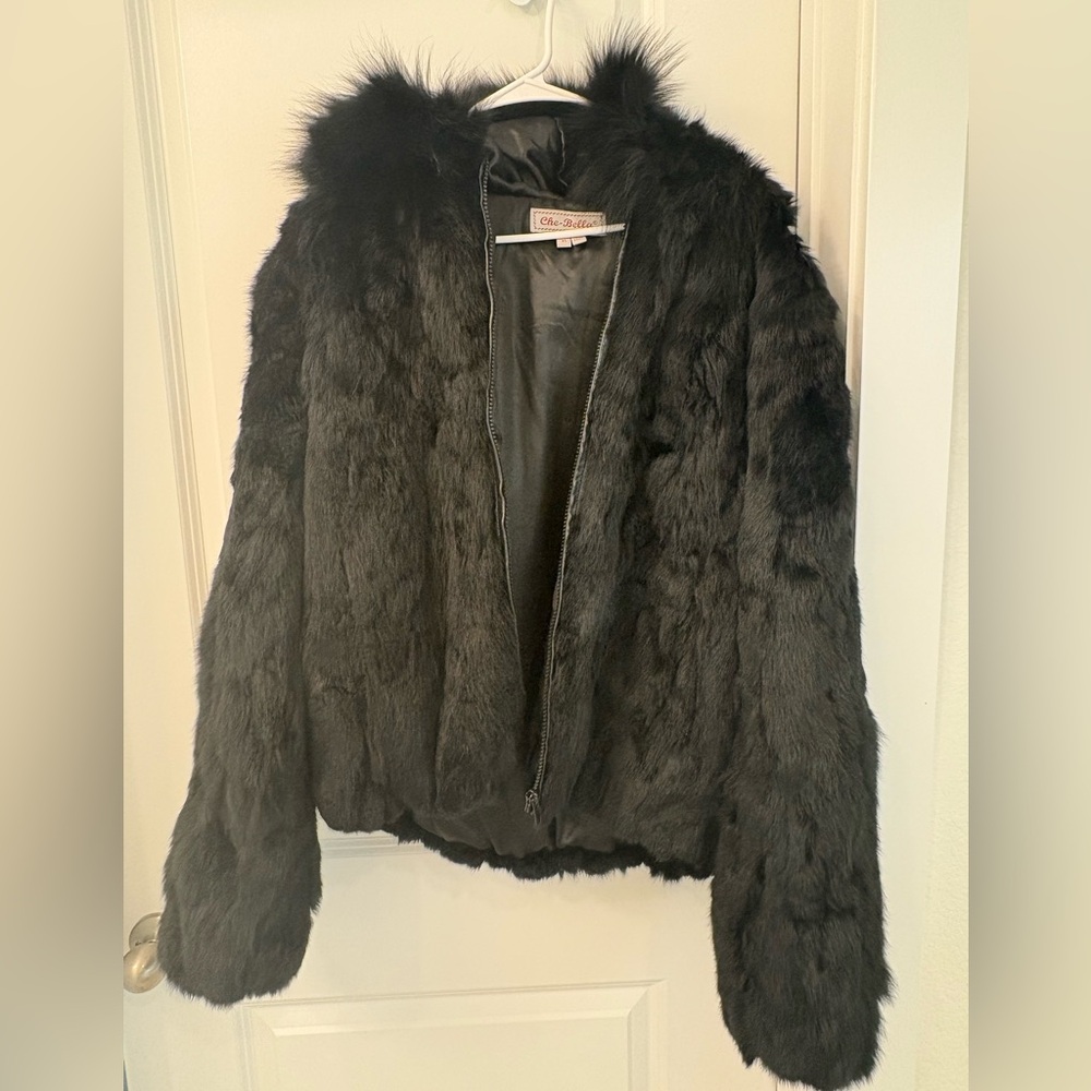 SOLD - Che-Bella vintage black rabbit fur hooded bomber coat XL